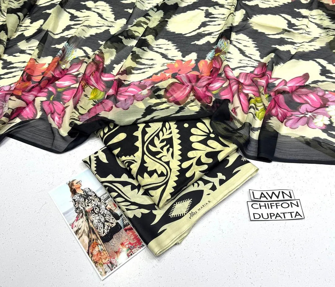 Black Digital Print Lawn 3-Piece Suit with Chiffon Dupatta