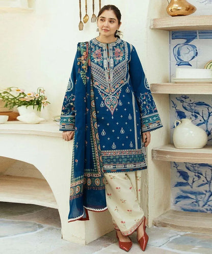 Blue Embroidered Kurta Set with Cream Trousers