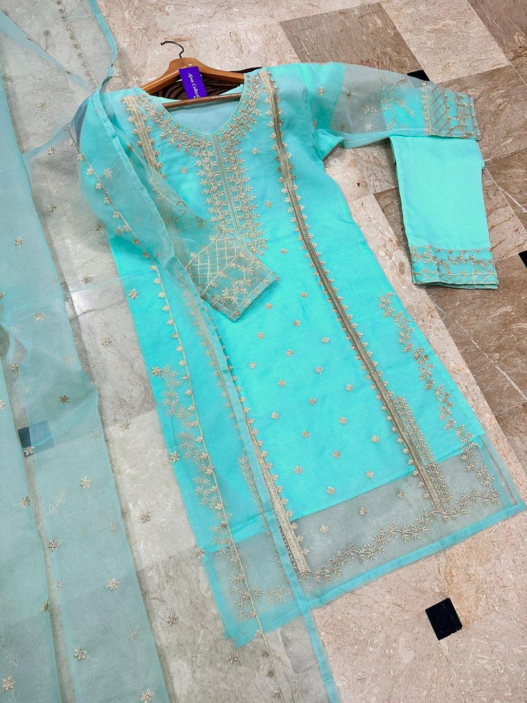 Women Organza Embroidered 3-Piece Suit Beige