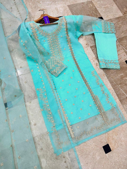 Women Organza Embroidered 3-Piece Suit Beige