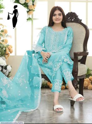 Women Organza Embroidered 3-Piece Suit Beige