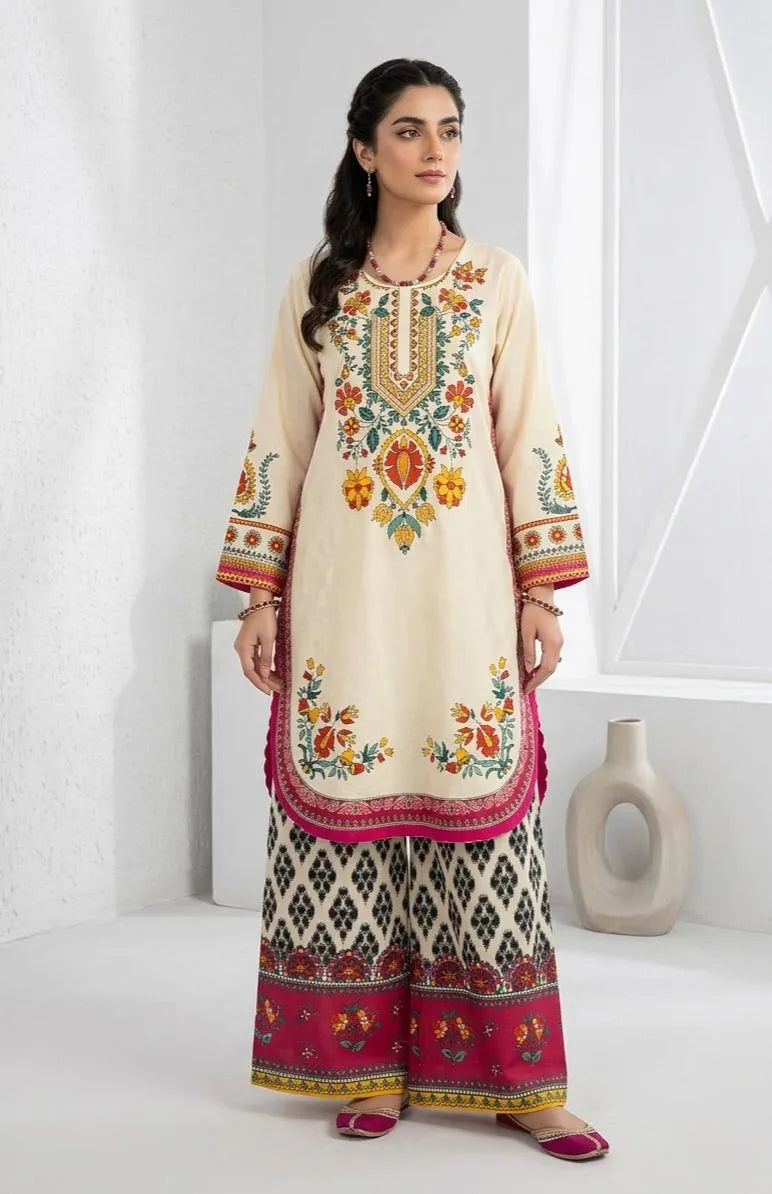 Pakistani Embroidered Kurta Pajama Cream Floral Pattern