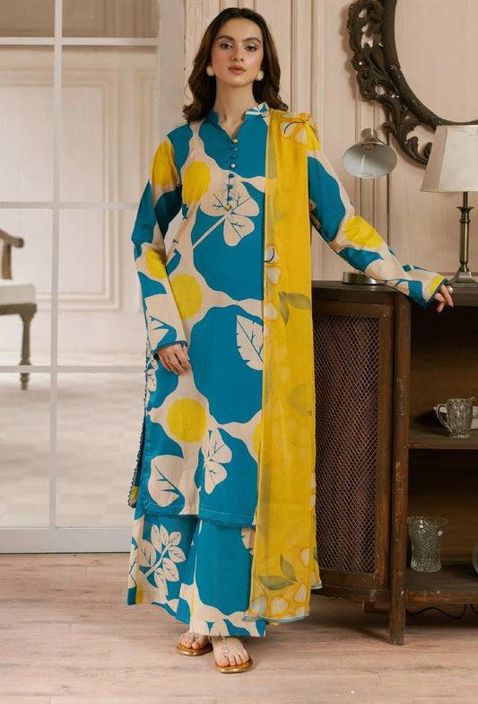 Stunning 3-Piece Printed Lawn Suit Yellow Blue Floral