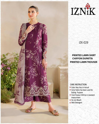 Purple Printed Lawn 3-Piece Suit with Chiffon Dupatta