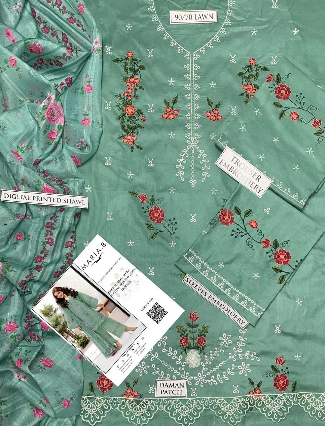 Maria B Summer 3PC Embroidered Lawn Suit Mint Green
