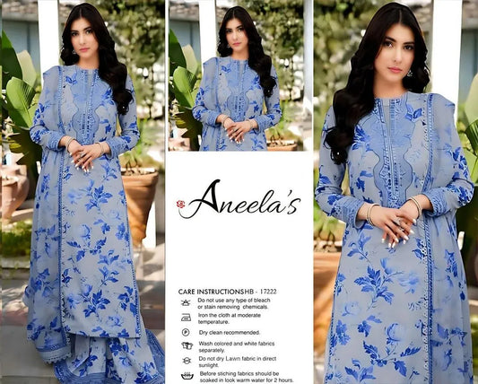 Blue Digital Print 3-Piece Lawn Suit for Women