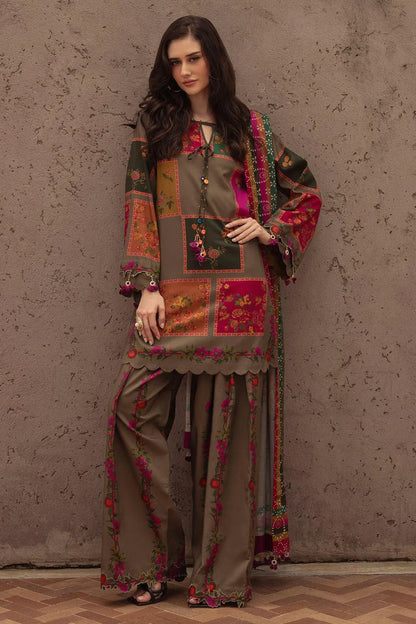 Pakistani Printed Kurta Pajama Set Olive Green Floral Embroidery