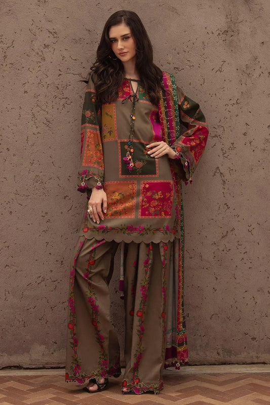 Pakistani Printed Kurta Pajama Set Olive Green Floral Embroidery