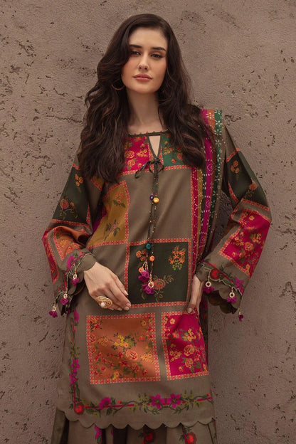 Pakistani Printed Kurta Pajama Set Olive Green Floral Embroidery