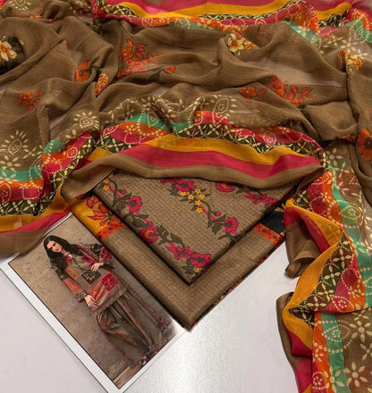 Pakistani Printed Kurta Pajama Set Olive Green Floral Embroidery