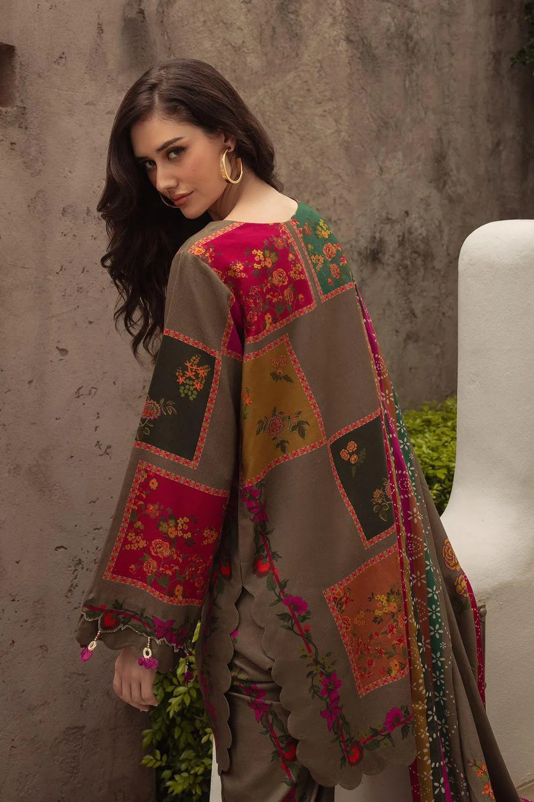 Pakistani Printed Kurta Pajama Set Olive Green Floral Embroidery