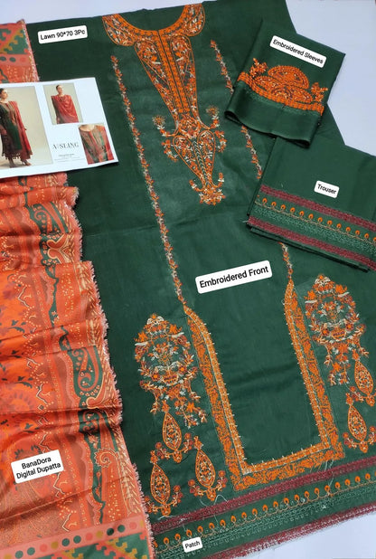 Green Embroidered Lawn 3Pcs Set for Women