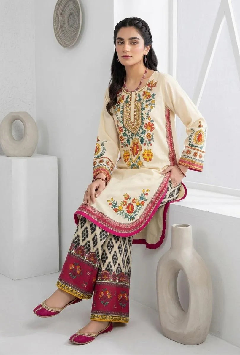 Pakistani Embroidered Kurta Pajama Cream Floral Pattern