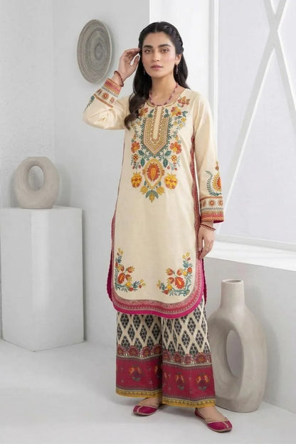 Pakistani Embroidered Kurta Pajama Cream Floral Pattern