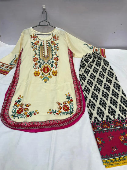 Pakistani Embroidered Kurta Pajama Cream Floral Pattern